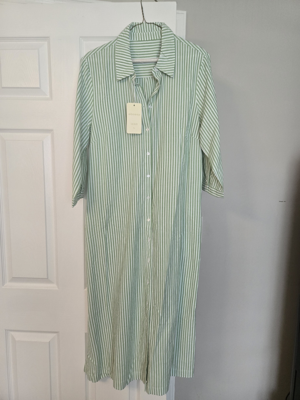 Light Green and White Striped Long Shirt Dress